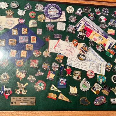 Sports Display on Green Felt- Vintage Baseball Lapel Pin Collection- 90 Limited Edition Cubs, Rockies, Giants and More