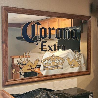 Large Bar Wall Mirror by Corona Extra with Oak Frame / Gold Foil Accents add Extra Glitter 52