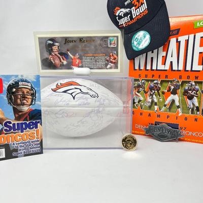 Signed Broncos Football in case (approx. 50 signatures) - Unopened Vintage 1997 Wheaties Box Celebrating XXXII Super Bowl (collectable,...