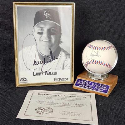 Autographed Baseball and 5 x 7 Photo By Colorado Rockies Larry Walker 1997 Blake Street Bombers - w/ Display Case