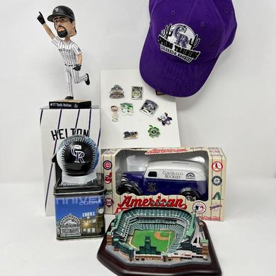 Colorado Rockies Baseball Memorabilia: Todd Helton Bobble Head, 1996 Chevrolet Die-Cast Car/Bank, Spring Training Hat, Rockies Lapel...