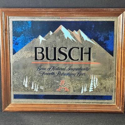 Vintage Busch Beer Bar Wall Mirror in Oak Frame - Measures 25