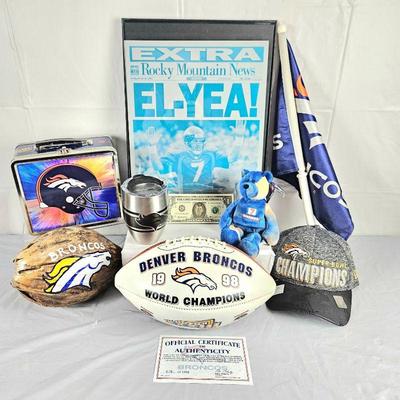 Lot of Denver Broncos Football Items John Elway Headlines - Limited Edition Football 1646/1997 and More