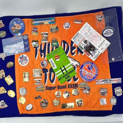 Sports Display on Blue Felt- Broncos Football- Super Bowl Champion & Elway Pins, Event Tickets, and More!
