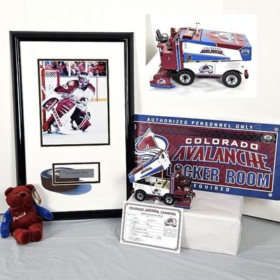 Avalanche Lot of Items - Framed Color Photo of Patrick Roy, Die Cast Zamboni, Wall Plaque and Plush