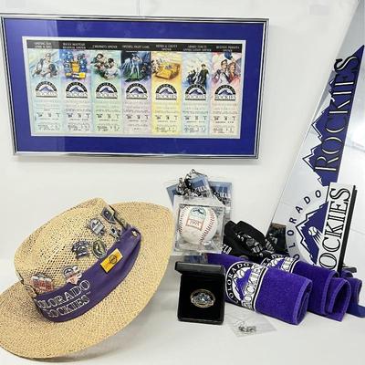 Colorado Rockies Baseball Memorabilia- Uncertified Steve Reed Signed Ball, Framed Commemorative Event Tickets, Hat (used hanging on wall,...