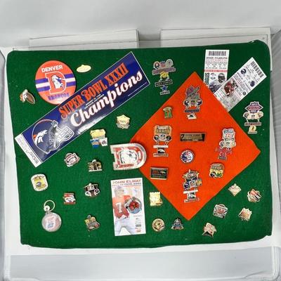 Sports Display on Green Felt- Vintage Broncos Football Belt Buckle- Super Bowl & Elway Pins- Event Tickets