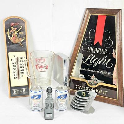 Assorted Miller and Michelob Bar Items and Decor - Bar Mirror, Thermometer, Pitcher, Broncos Miller Cans & More