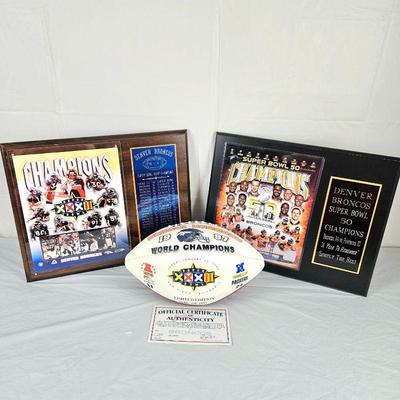 Set of Two Wall Plaques Denver Broncos Super Bowl Football Champions Plus Limited Edition Ball on Original Box