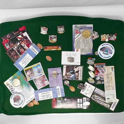 Sports Display on Green Felt- Pins, Event Tickets and More- Baseball, Lacrosse, Nascar and MORE
