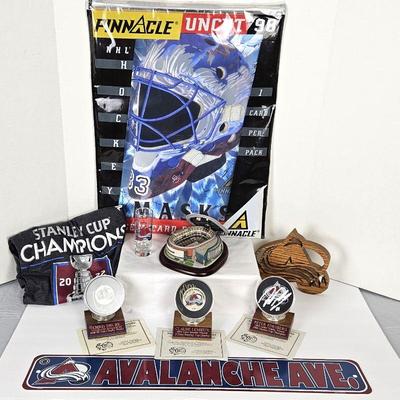 Set of Colorado Avalanche Hockey Items - Wall Plaque, 3 Signed Pucks (Drury, Lemieux & Forsberg) - T Shirt & More