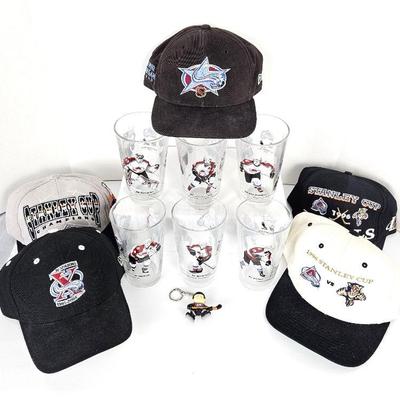 Colorado Avalanche Hockey Collection of Glasses and Five Avalanche Ball Caps & Keychain
