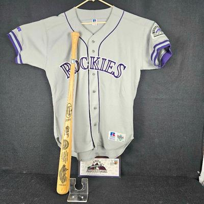 Russell Brand Rockies Jersey Size 48 w/ a Louisville Slugger 2007 World Series LE Baseball Bat 0208/5000