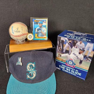 Lot #127 - Seattle Mariners Kenny Griffith Jr. Signed Baseball (w/ others), Bobble Head (New), Watch and Rookie Card