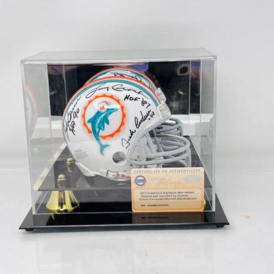 Auth.1972 Dolphins Mini-Helmet Signed by 6 (Csonka, Griese, Fernandez, Morris, Little, Anderson) Case & C.O.A- Football