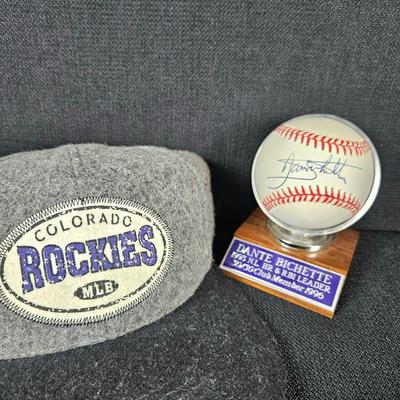 Autographed Baseball by Colorado Rockies Dante Bichette in Display Case Plus Rockies Ball Cap