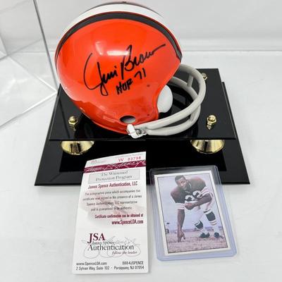 Authentic HOF Football Player Jimmy Brown Signed Mini-Helmet in Case w/ C.O.A- Plus 1981 Cleveland Browns #8 Card