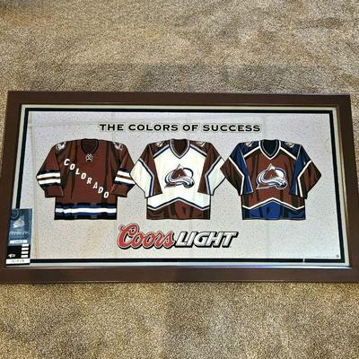  Large Colorado Avalanche & Coors Light Wall Mirror Shows Three Jersey Styles - Plus Game Ticket Stub 48 x 25