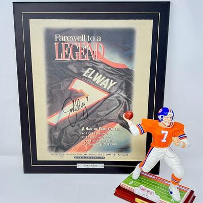 Signed Rocky Mountain Newspaper Plaque- Hall of Fame Player John Elways Farewell Tribute & Figurine- Football