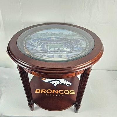 Denver Broncos Themed Football Round Wood End Table Shows Invesco Field Under Glass w/ Drawer 22