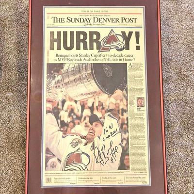 Framed Denver Post Newspaper June 10th, 2001 Shows Ray Bourque Accepting Stanley Cup - Autographed