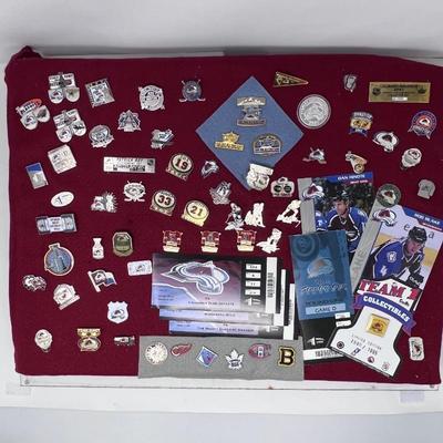 Sports Display on Red Felt- AVALANCHE Hockey- Champion, Limited Edition & Player Pins, Event Tickets and More!