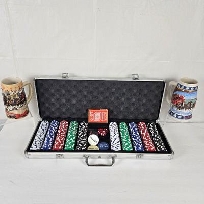 Quality Poker Set in Long Case with Key Plus Two Budweiser Collectible Christmas Clydesdale Beer Steins