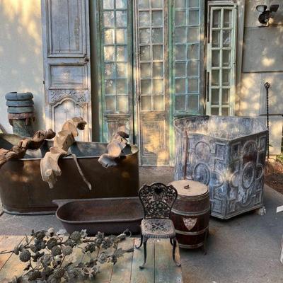 Pairs of French doors, Copper tub, great pieces!