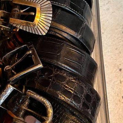 Mens Alligator and Crocodile belts, many with signed sterling buckles.