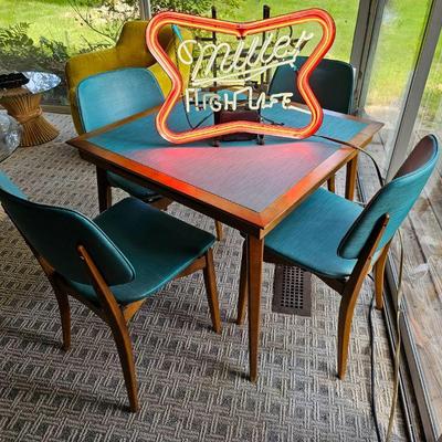 Early neon sign, Teak and vinyl folding table and chairs by 