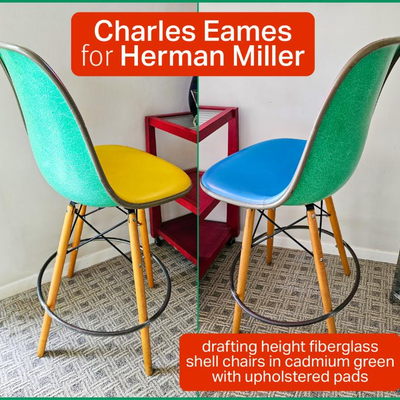 Charles Eames for Herman Miller fiberglass shell chairs in Cadmium Green with vinyl upholstery. Shell and pads are original, drafting...