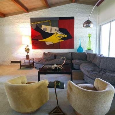 Milo Buaghman for Thayer Coggin swivel chairs, Picasso rug, Blenko floor decanter, Zeller floor pinch vase, Milo Baughman style sofa