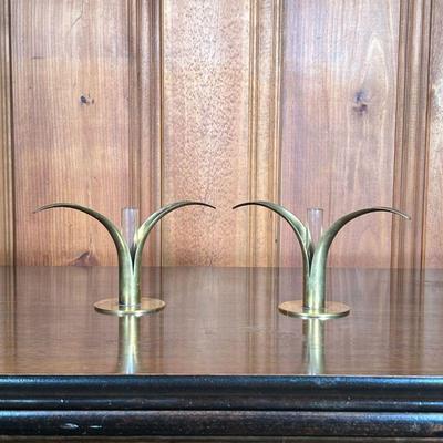 YSTAD METALL CANDLESTICKS | Ystad Metall made in Sweden brass Lily candlesticks with glass insert. - l. 3.75 x w. 8.5 x h. 5 in 