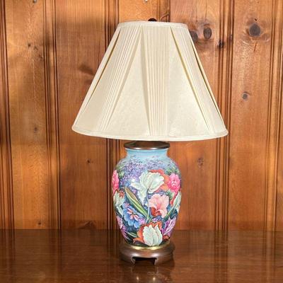 COLORFUL FLORAL LAMP | Vibrant floral lamp with mahogany base and top. - h. 32 x dia. 19 in (with shade) 