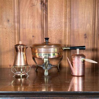 (3PC) MIXED COPPER COOKWARE | Includes: large copper fondue pot with brass stand and small oil lamp on bottom, small copper coffeepot...