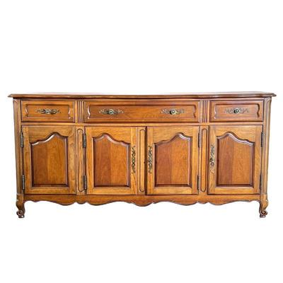 DREXEL FURNITURE CARVED WOOD CABINET | Carved wood cabinets with large center drawer, 2 smaller drawers on either side and large storage...