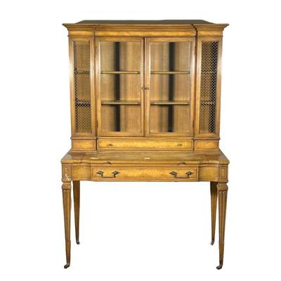 FRENCH PROVINCIAL HUTCH AND DESK | Glass door hutch with 3 shelves, small central drawer and larger central drawer on bottom. Includes...