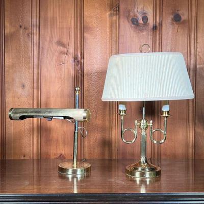 (2PC) BRASS DESK LAMPS | Includes; an actuating adjustable brass desk lamp plus another brass lamp. - h. 22 x dia. 8 in 