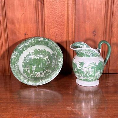 IRONSTONE CERAMIC BOWL AND PITCHER SET | Green ceramic brown and pitcher set made in England by Ironstone. Depicts scenes of English life...