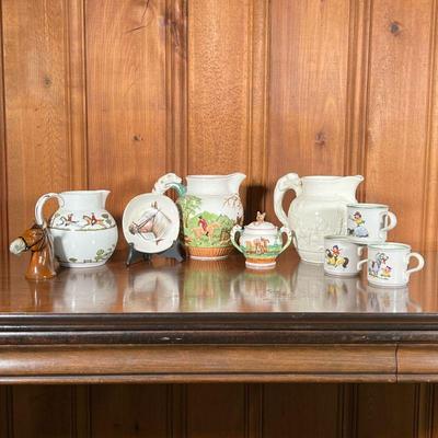 (9PC) MISC HORSE CERAMICS | Includes: 3 ceramic pitchers with hunting reliefs - 2 painted one blank, 3 Grays England horse mugs,...