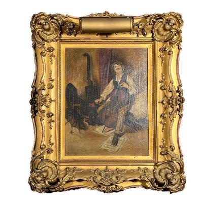 KARL KRESER CELLIST OIL PAINTING | Oil painting on stretched canvas depicts man playing cello atop sheet music in intricate gilt frame. -...