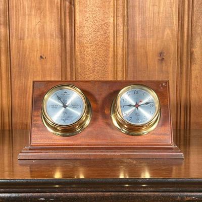 CARTIER â€œTIME & TIDEâ€ BAROMETER & CLOCK | Cartier barometer and 13 Jewel clock set on mahogany board and base. - l. 16 x w. 6.5 x h....