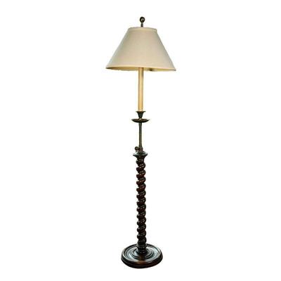 BARLEY TWIST ADJUSTABLE FLOOR LAMP | Having a large carved mahogany barley twist supporting a height-adjustable faux candle; two bulbs. -...