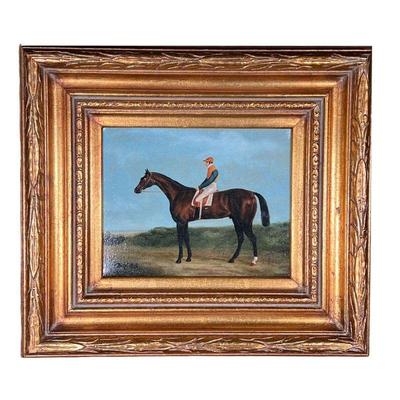 SHIPLEY HORSE & JOCKEY OIL PAINTING | Depicts jockey on race horse by the seaside in carved gilt frame. 8x10in stretched canvas. - l....
