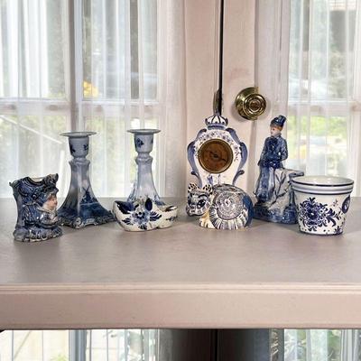 MIXED BLUE & WHITE CERAMICS | Includes: Tiffany & Co car figurine, candlesticks, small clock, vases and more. - l. 4.25 x w. 1.5 x h....