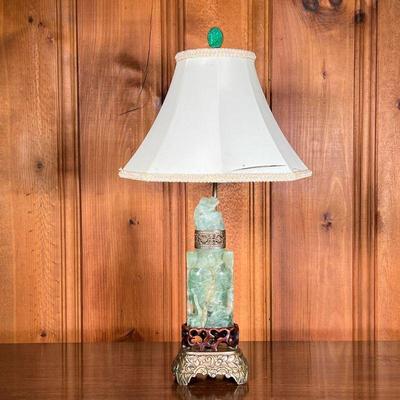 CARVED JADE LAMP | Brass vase with carved wood ring supports large beautifully carved jade with flowers and birds and carved floral...