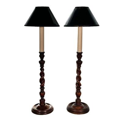 (2PC) PAIR SPIRAL MAHOGANY LAMPS | Mahogany lamps carved into a spiral and shaped like a candlestick. - h. 25 x dia. 6 in (with shade) 