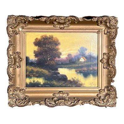 COUNTRYSIDE OIL PAINTING | Oil painting in stretched canvas depicting quiet country home by the river. Signed in lower right corner. - l....