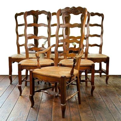 (6PC) CARVED RUSH SEAT DINING CHAIRS | Including two arm chairs and four side chairs; tall ladder backs with a carved shell crestrail,...