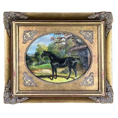 HORSE OIL PAINTING ON BOARD | Oil painting on board depicting black horse in a pasture in carved gilt frame. - l. 15.5 x h. 13.5 in 